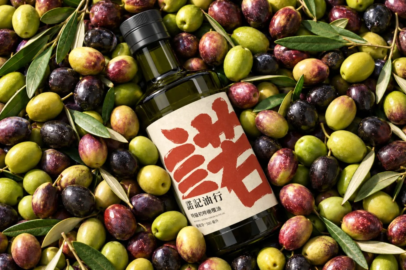 一瓶諾記油行斜躺在滿滿的橄欖和橄欖葉上，橄欖有綠色、紫紅色、深紫黑色，從正上方拍